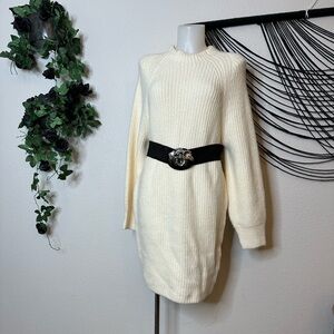 Express Cream Long Sleeve Dress with Black Belt